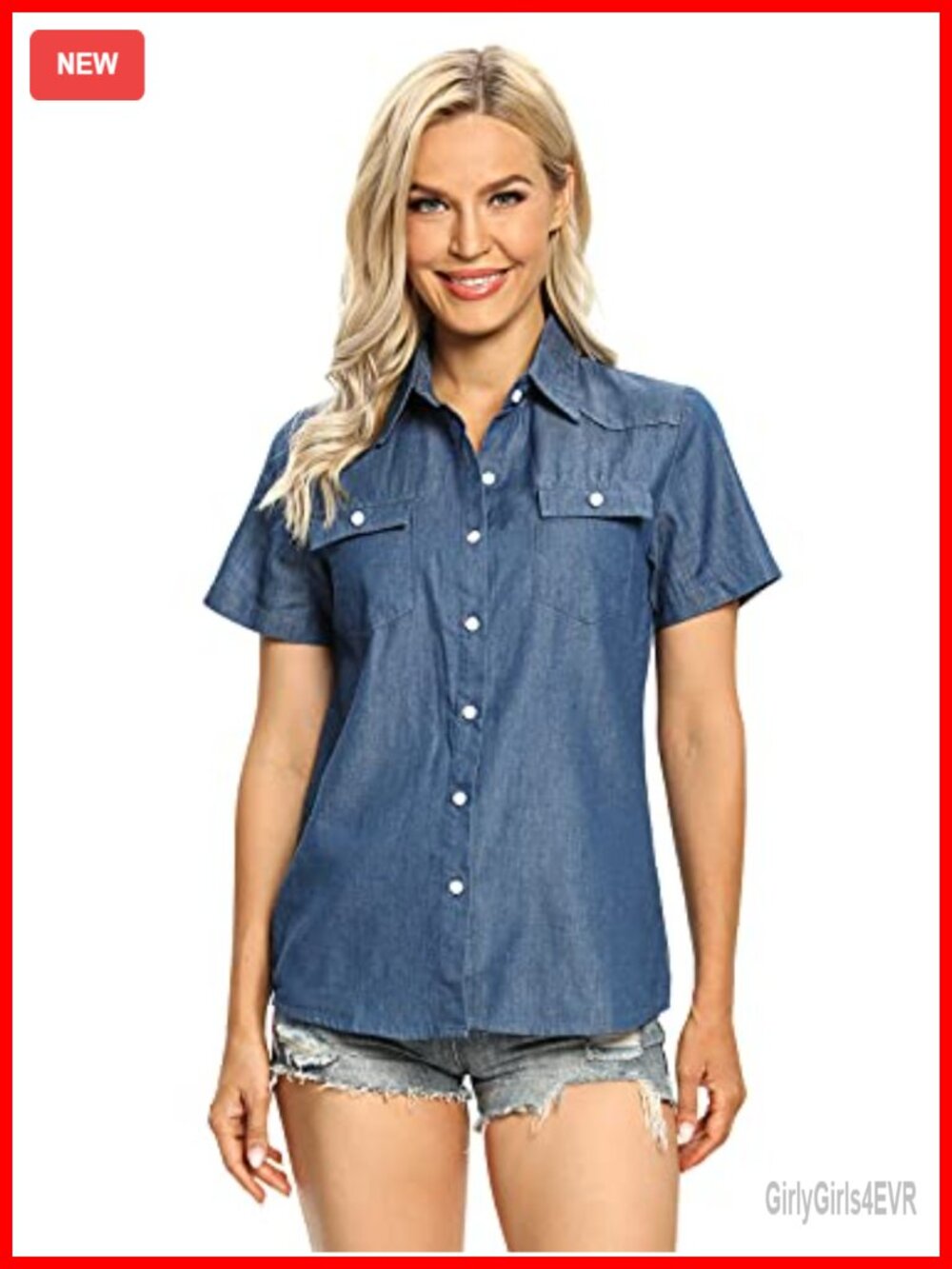 Women's Lightweight Chambray Button Down Short Sleeve Collared Blouse